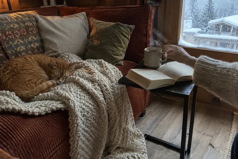 Dans un chalet savoyard, un chat roux dort dans un plaid tricoté sur un canapé en velours côtelé couvert de coussins, près d’une table d’appoint en C
