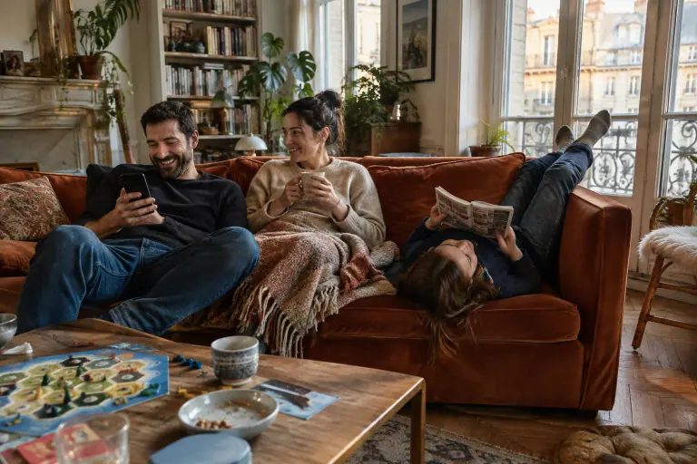 Une famille se détend un dimanche après-midi sur un canapé en velours terracotta dans un appartement ancien