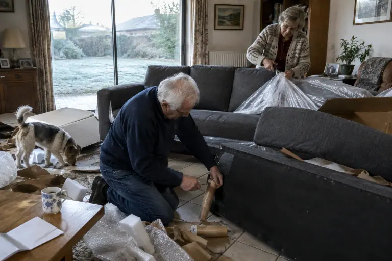 Un couple de retraités déballe un canapé trois places gris foncé livré en cartons et visse ses pieds en bois, sous le regard d’un petit chien, un matin d’hiver
