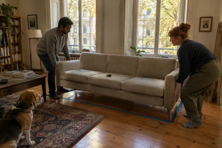 Un couple décale un canapé trois places beige du mur, l’emplacement futur tracé au ruban de masquage sur le parquet, sous le regard d’un vieux beagle