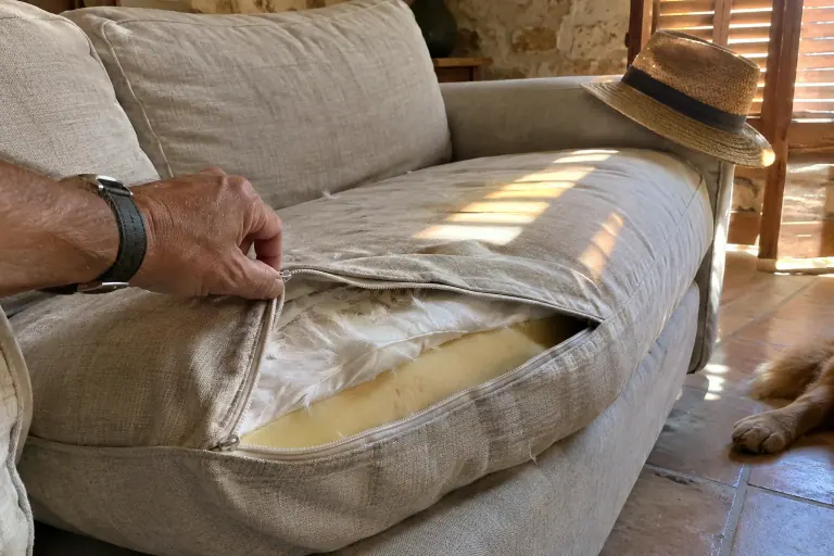 Une main ouvre la housse d’un coussin d’assise en lin et dévoile une âme en mousse jaune enveloppée de plumes, au soleil filtré par des volets