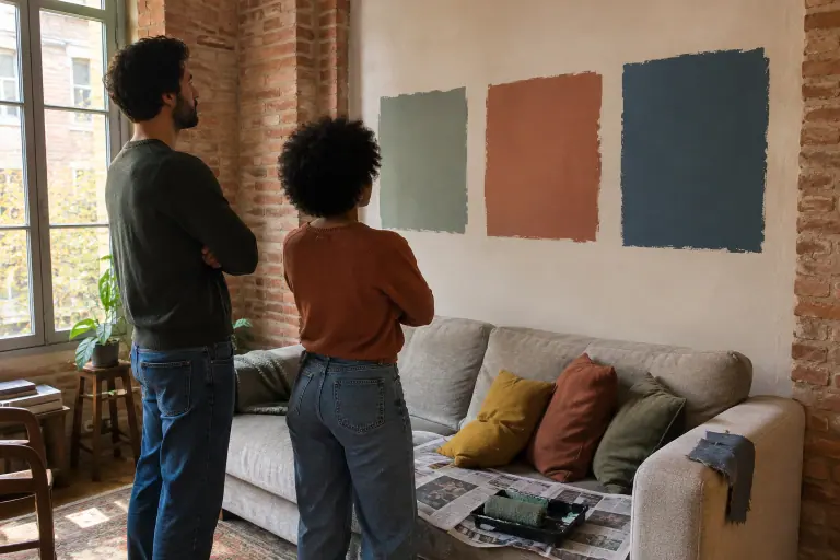 Un couple compare trois carrés de peinture d’essai sur le mur derrière son canapé gris clair, des coussins moutarde, rouille et olive sur l’assise