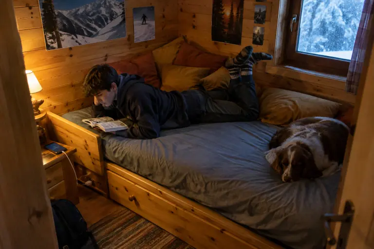 Un adolescent lit un manga allongé sur une banquette-lit en pin dans une chambre de chalet savoyard, son chien endormi au pied du lit