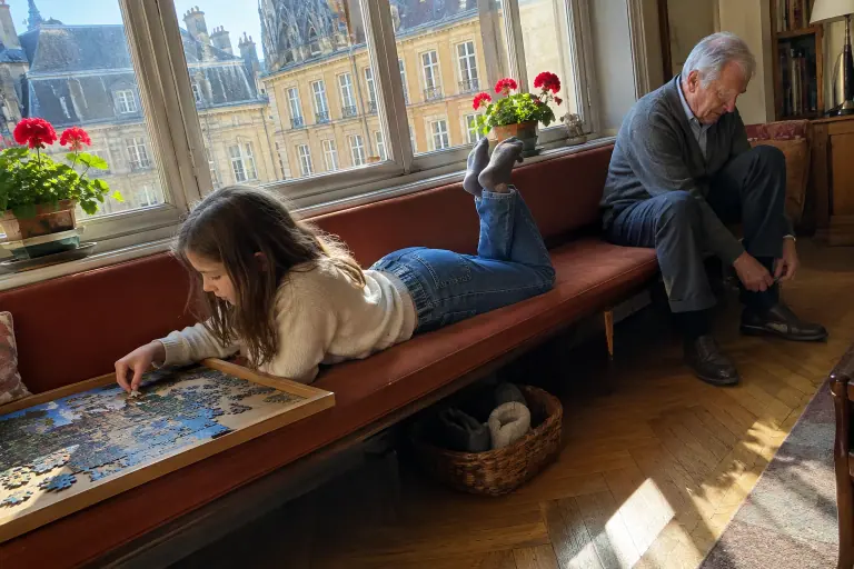 Une fillette fait un puzzle allongée sur une longue banquette rouille sous la fenêtre d’un appartement de Metz, son grand-père assis à l’autre bout