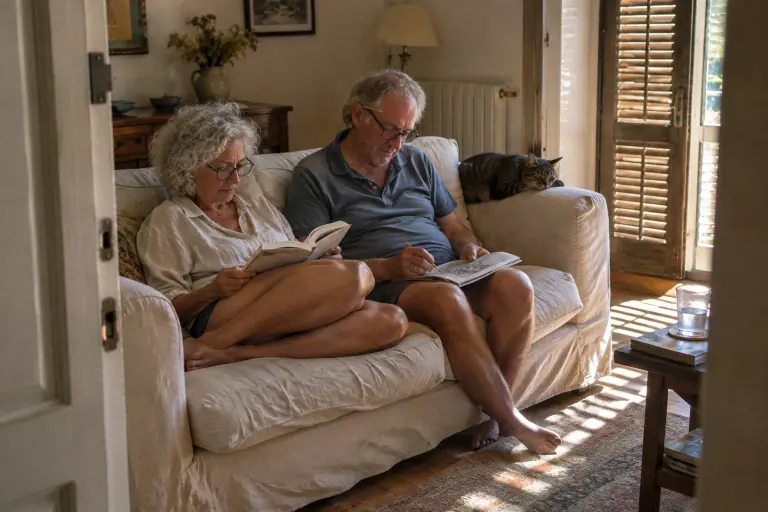 Un couple de retraités partage un canapé 2 places en lin écru dans une échoppe bordelaise, elle lit, il fait des mots croisés, un chat dort sur l’accoudoir