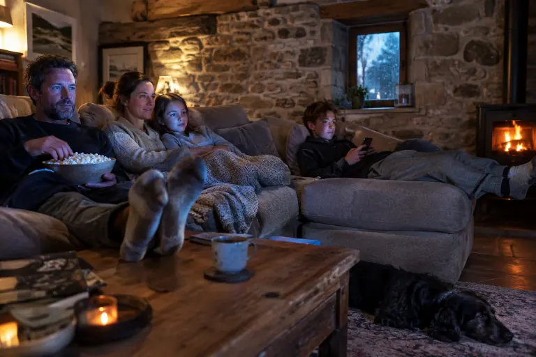 Une famille de quatre regarde un film sur un canapé d’angle 4 places en chenille grège dans une longère bretonne, un vieil épagneul dort sur le tapis