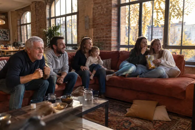 Un dimanche d’automne dans un loft lyonnais, une famille serrée sur un canapé d’angle 5 places rouille suit un match de rugby, le grand-père penché en avant