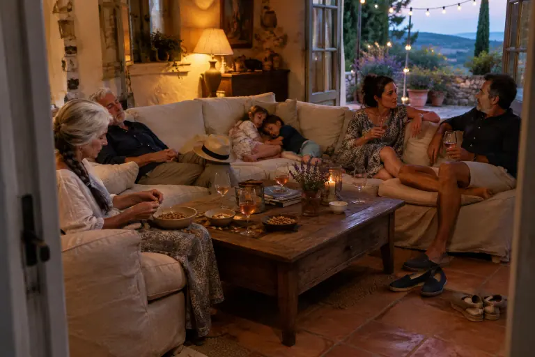 Un soir d’été dans un mas provençal, trois générations réunies sur un canapé en U 6 places en lin écru, deux petits cousins endormis dans un angle