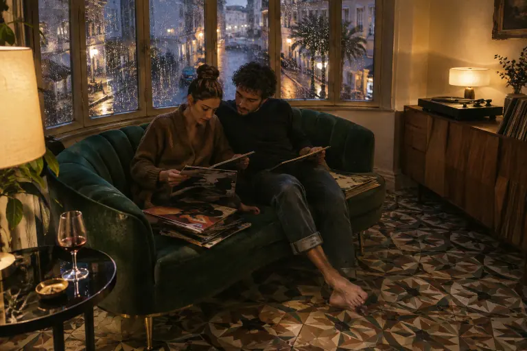 Un couple trie des vinyles sur un canapé art déco en velours vert émeraude à dossier coquillage et pieds laiton, un soir de pluie dans un appartement niçois