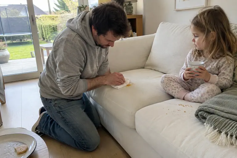 Un père tamponne une petite tache de jus sur un canapé blanc cassé déhoussable, sous le regard de sa fille en pyjama, un samedi matin