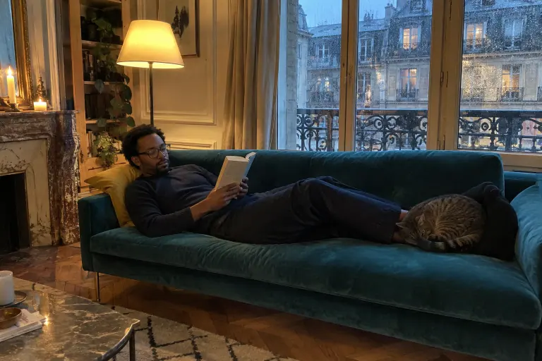 Un homme lit allongé sur un canapé en velours bleu canard, un chat sur les pieds, dans un salon haussmannien éclairé par une lampe un soir d’hiver