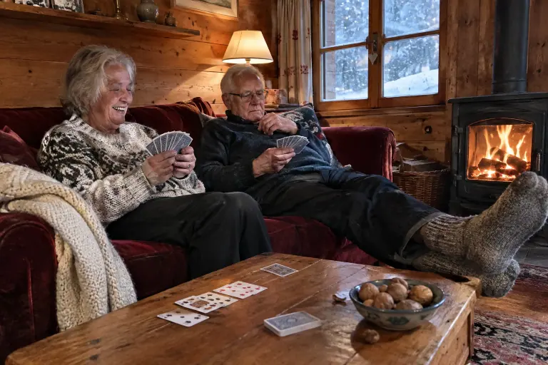 Un couple de septuagénaires joue aux cartes devant un canapé en velours bordeaux, dans un chalet savoyard lambrissé un soir de neige