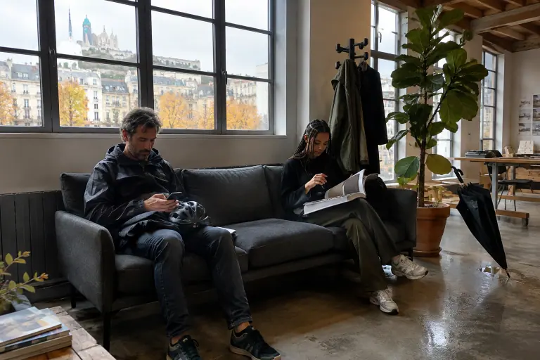 Dans la salle d’attente d’un atelier d’architecture, deux visiteurs patientent chacun à un bout d’un canapé gris anthracite à pieds métal