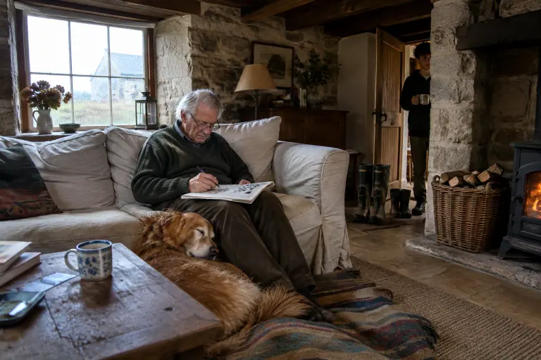 Un grand-père fait des mots croisés sur un canapé campagne chic en lin lavé à jupe, son golden retriever endormi contre lui, dans une longère bretonne