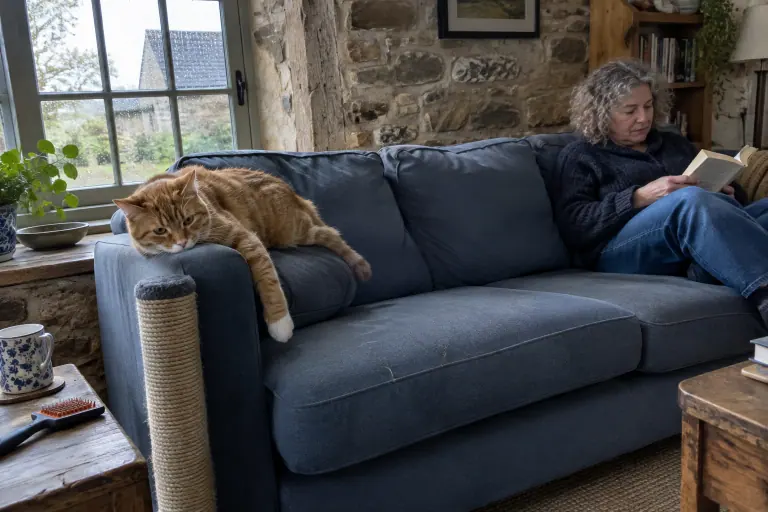 Un chat roux allongé sur l’accoudoir d’un canapé en microfibre bleu ardoise, griffoir collé au côté, pendant qu’une femme lit à l’autre bout