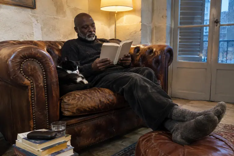 Un homme lit un roman sur un Chesterfield en cuir cognac patiné, un chat lové contre l’accoudoir capitonné, un soir d’hiver dans une maison bordelaise