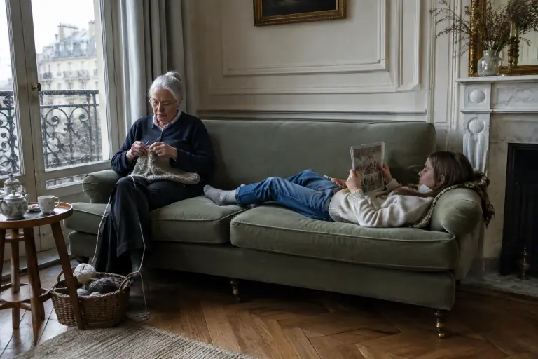 Une grand-mère tricote et sa petite-fille lit une BD sur un canapé classique en lin vert sauge à accoudoirs enroulés, dans un salon haussmannien