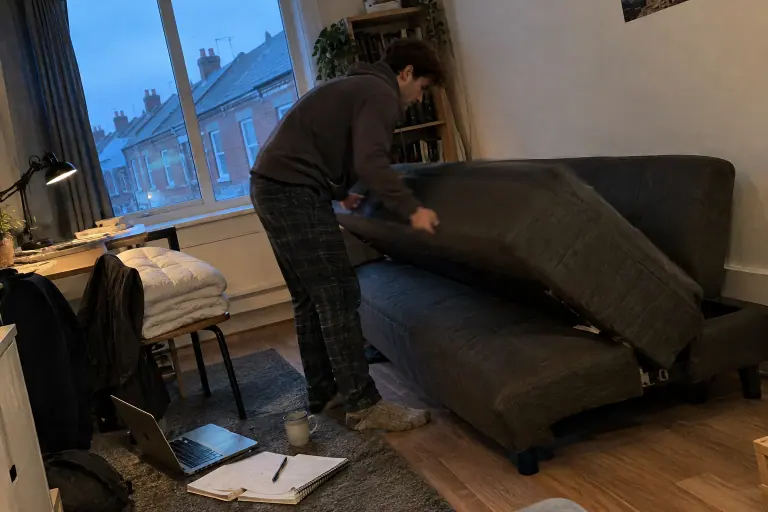 Un étudiant appuie sur l’assise d’un clic-clac gris anthracite pour le mettre à plat, dans un petit studio lillois en fin de journée d’hiver