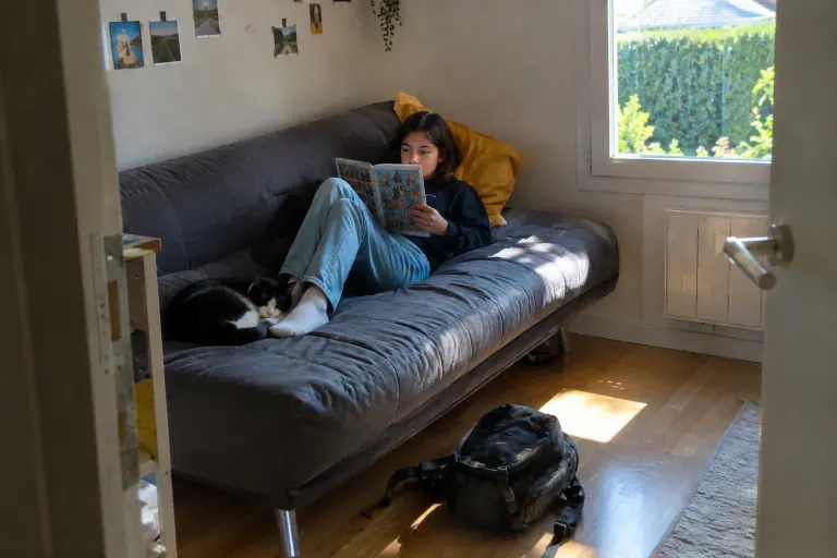 Une adolescente lit une bande dessinée sur un clic-clac gris anthracite en position relax, sous les combles, un chat noir et blanc endormi à ses pieds