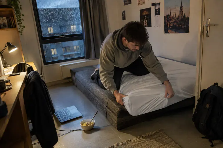 Un étudiant tend un drap-housse blanc sur un clic-clac en tissu gris chiné déplié, dans un petit studio éclairé par une lampe de bureau