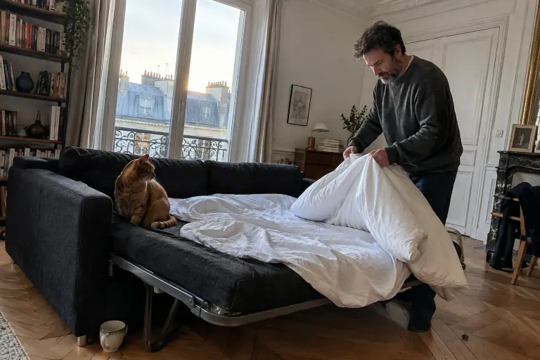 Un homme plie une couette sur un clic-clac noir encore ouvert, un chat roux assis sur le tissu, dans un bureau haussmannien au parquet en chevrons