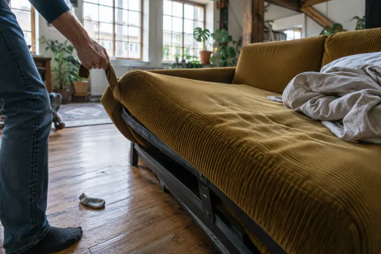 Une main tire la sangle d’un canapé convertible en velours côtelé moutarde pour le refermer, dans un loft de canut lyonnais aux grandes fenêtres
