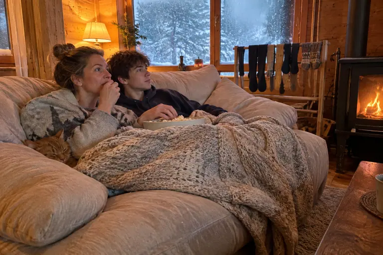 Une mère et son fils adolescent partagent du pop-corn sous un plaid tricoté, blottis dans un canapé cosy profond en chenille, un soir de neige au chalet
