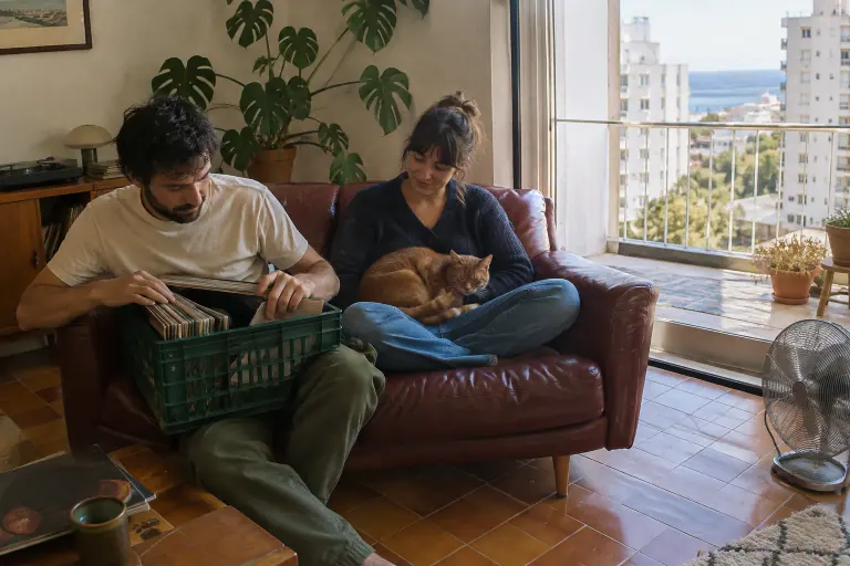 Un couple partage un petit canapé deux places en cuir bordeaux, lui trie des vinyles, elle tient un chat roux, dans un appartement marseillais