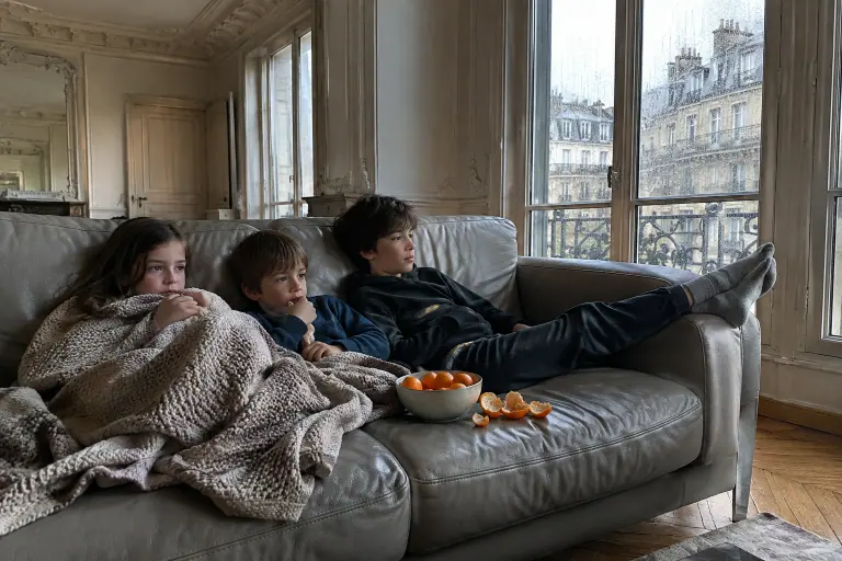 Trois enfants regardent un film serrés sur un canapé trois places en cuir gris, dans un appartement haussmannien un dimanche de pluie