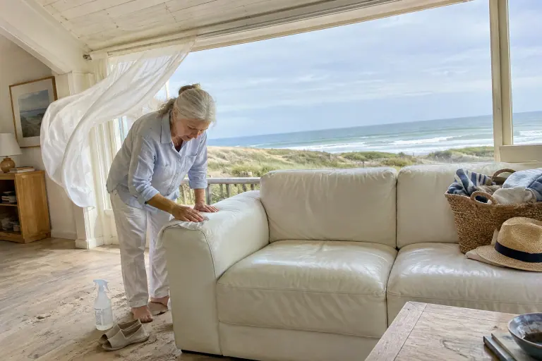 Une femme d’environ soixante-dix ans essuie l’accoudoir d’un canapé en cuir blanc cassé avec un chiffon, dans une maison face à la mer
