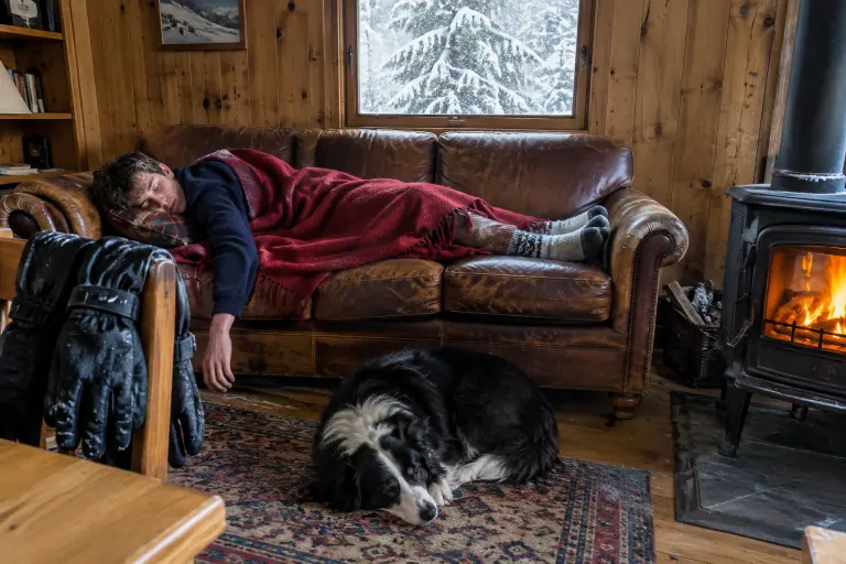 Un adolescent fait la sieste sur un canapé en cuir cognac vieilli dans un chalet enneigé, un chien couché sur le tapis près du poêle