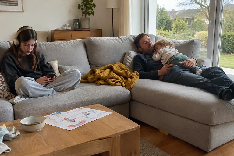 Un père somnole sur la méridienne d’un grand canapé d’angle gris clair, son enfant endormi sur lui, pendant que sa fille écoute de la musique à l’autre bout