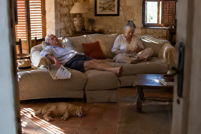 Dans un mas provençal aux volets mi-clos, un homme âgé fait la sieste sur un canapé d’angle beige pendant que sa femme casse des amandes