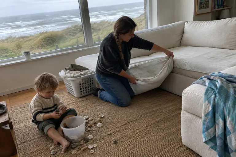 Dans une maison de bord de mer, une mère retire la housse de la méridienne d’un canapé d’angle blanc cassé pendant que son fils trie des coquillages