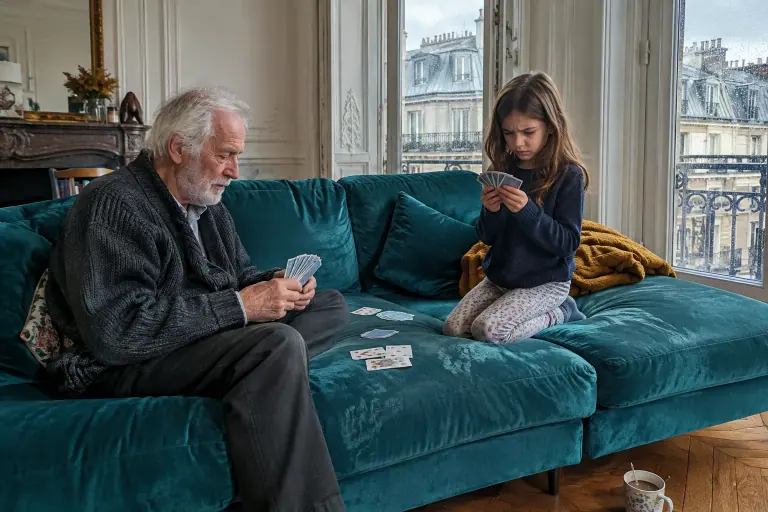 Dans un appartement haussmannien un jour de pluie, un grand-père joue aux cartes avec sa petite-fille sur un canapé d’angle en velours bleu canard