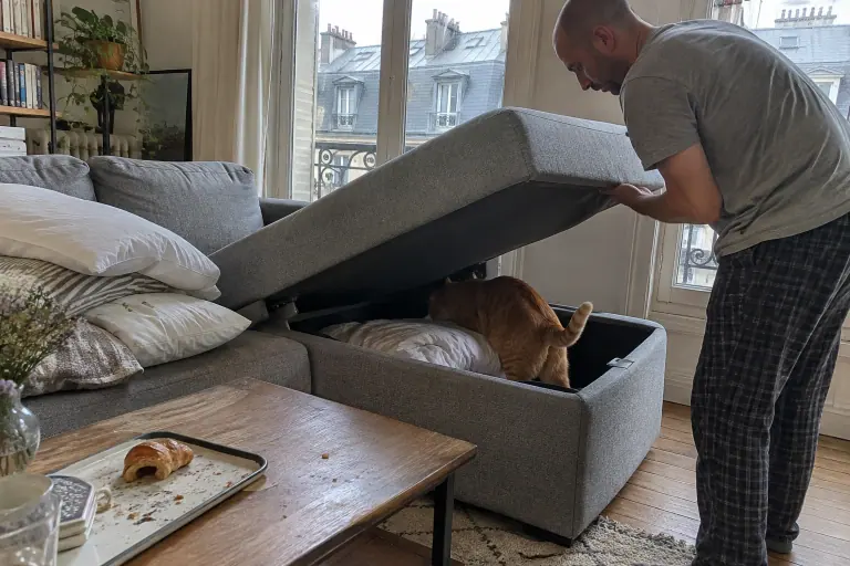 Un homme soulève l’assise de la méridienne d’un canapé d’angle convertible gris chiné pour ranger une couette, un chat roux déjà installé dans le coffre