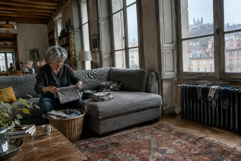 Dans un appartement lyonnais aux poutres apparentes, une femme plie du linge sur la méridienne d’un canapé d’angle gris chiné où dort un chat tigré