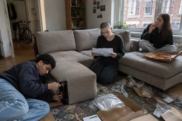 Dans une colocation lilloise en briques, trois étudiants montent un canapé d’angle en tissu chiné taupe au milieu des cartons, l’un mange déjà une pizza