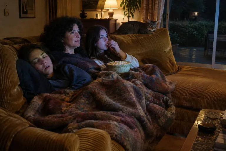 Dans un pavillon de banlieue, une mère et ses deux filles regardent un film le soir sur un canapé d’angle en velours côtelé ocre, sous un plaid