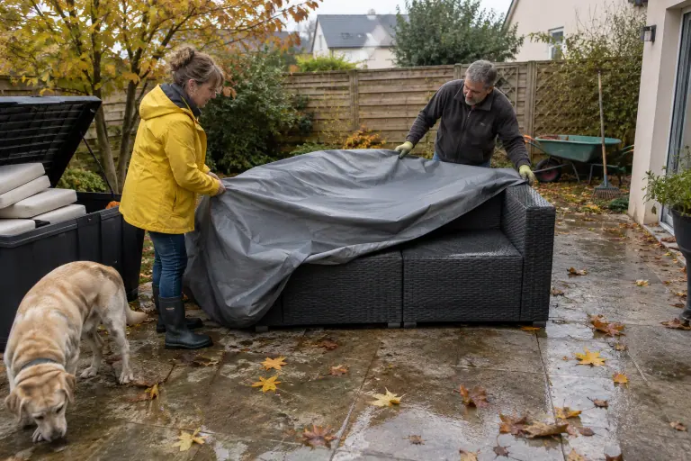 Un couple d’une cinquantaine d’années tire une housse d’hiver sur un canapé de jardin en résine tressée grise, les coussins déjà rangés dans un coffre ouvert