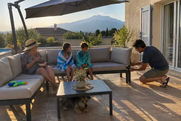 Sur une terrasse près de Perpignan, un homme raccroche deux modules d’un canapé de jardin d’angle anthracite pendant que sa mère et ses enfants s’installent