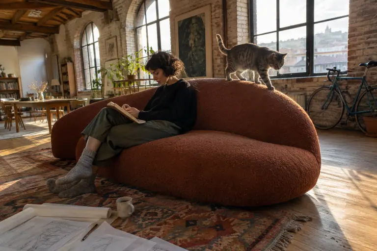 Une femme dessine, assise de travers sur un canapé design courbe en bouclette rouille, dans un loft lyonnais à poutres, un chat tigré marchant sur le dossier