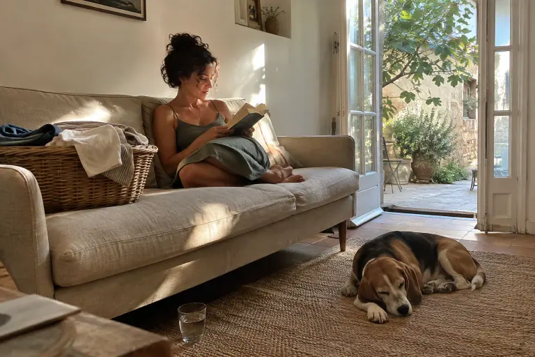 Une femme lit, pieds repliés, sur un canapé droit trois places en lin beige dans une maison bordelaise, un panier de linge à côté et un chien endormi