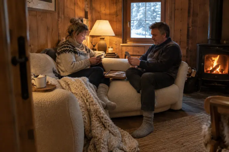 Un couple joue aux cartes sur un canapé en bouclette crème dans un chalet savoyard lambrissé, un soir de neige, près du poêle à bois
