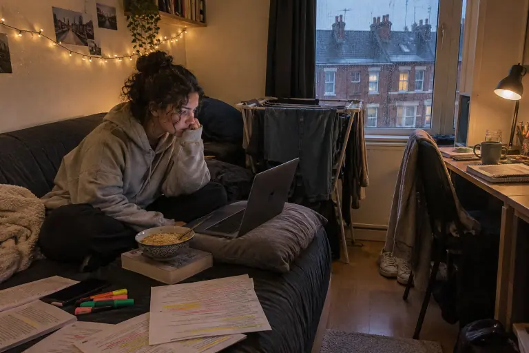 Une étudiante révise en tailleur sur un clic-clac gris foncé à moitié déplié, dans une petite chambre de Lille un soir de pluie