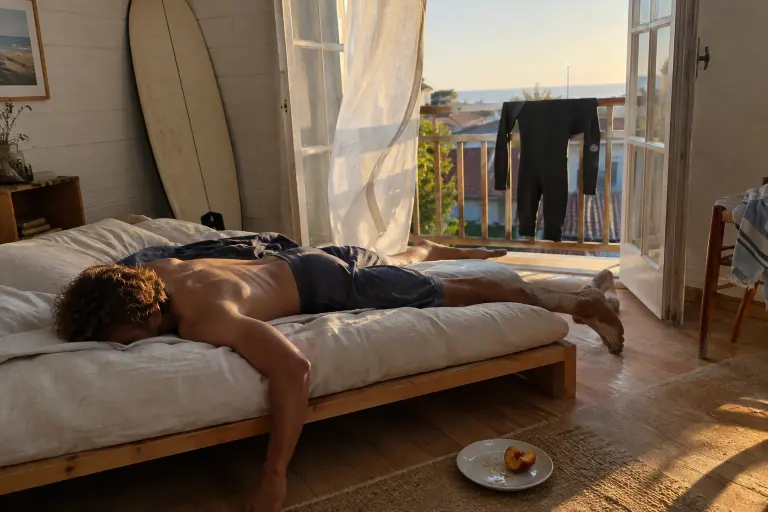 Un jeune homme fait la sieste sur un futon écru déplié sur son cadre en pin, dans une maison de bord de mer landaise en fin d’après-midi d’été