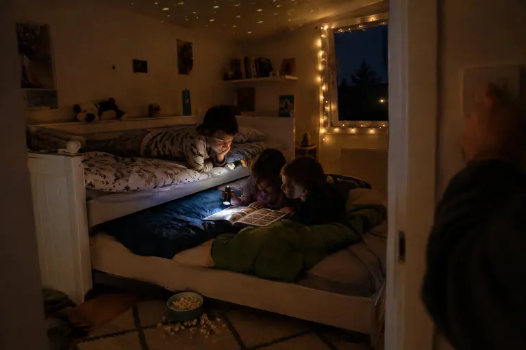 Trois enfants en pyjama lisent une BD à la lampe torche, l’un sur un canapé gigogne blanc, les deux autres sur le lit tiroir sorti, un samedi soir
