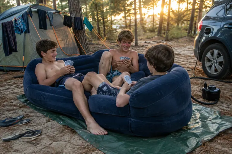 Trois adolescents jouent aux cartes sur un canapé gonflable bleu foncé floqué posé sur une bâche, dans un camping sous les pins des Landes