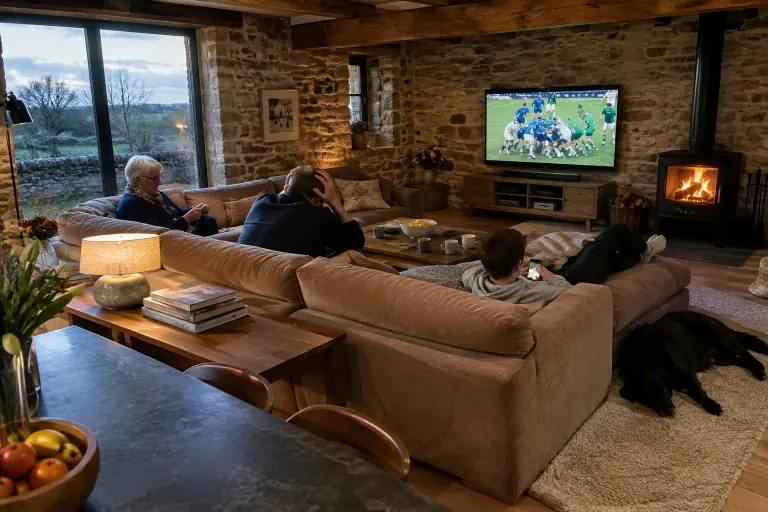 Dans le grand séjour ouvert d’une longère, trois générations regardent un match de rugby sur un grand canapé en U taupe posé au milieu de la pièce