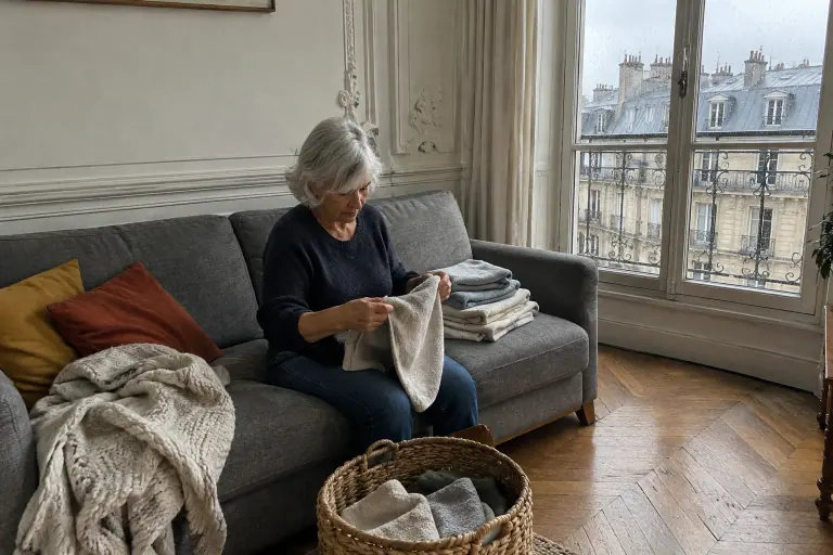 Une femme aux cheveux gris plie du linge sur un canapé gris chiné dans un appartement haussmannien, par un matin d’hiver pluvieux